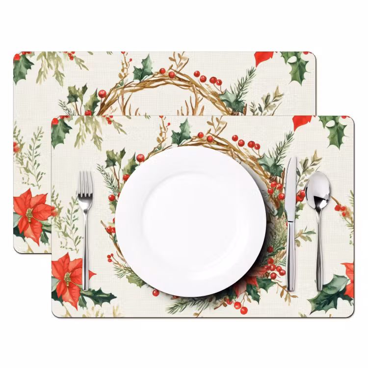Placemat - 6 stuks - Kerstkrans - Hert - Hulst - Rood — 2