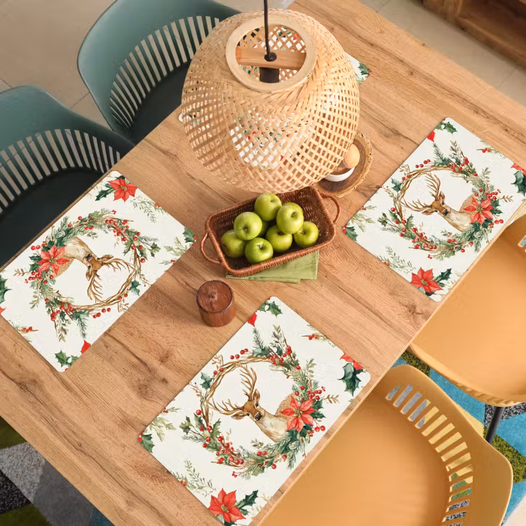 Placemat - 6 stuks - Kerstkrans - Hert - Hulst - Rood — 6