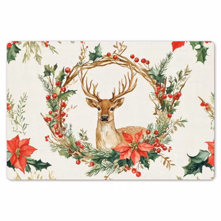 Placemat - 6 stuks - Kerstkrans - Hert - Hulst - Rood — 7