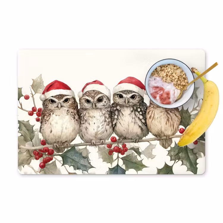 Placemat - 6 stuks - Uilen - Tak - Hulstblaadjes - Kerstmuts — 1
