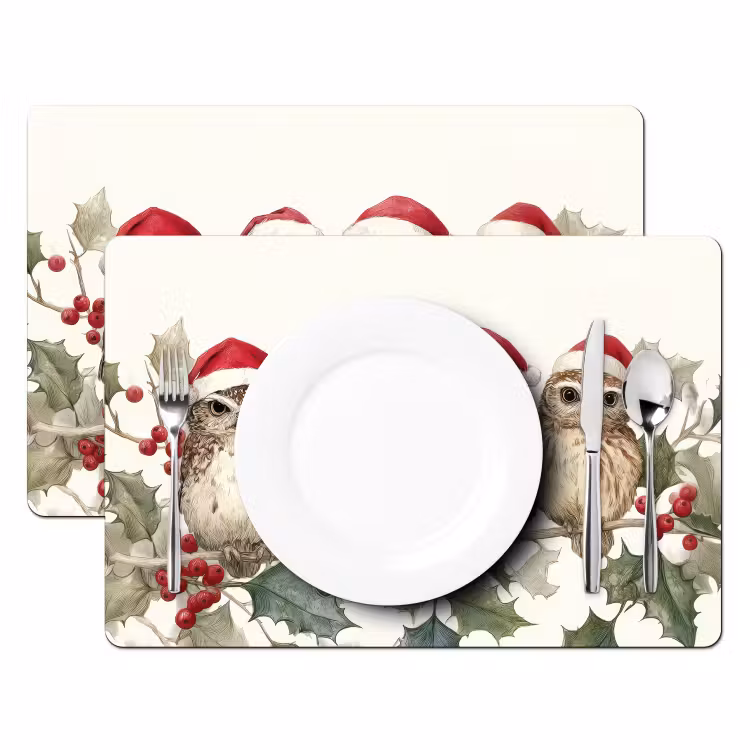 Placemat - 6 stuks - Uilen - Tak - Hulstblaadjes - Kerstmuts — 2