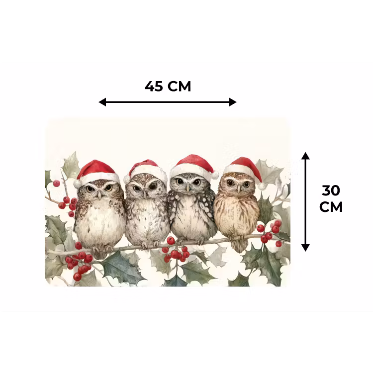 Placemat - 6 stuks - Uilen - Tak - Hulstblaadjes - Kerstmuts — 3