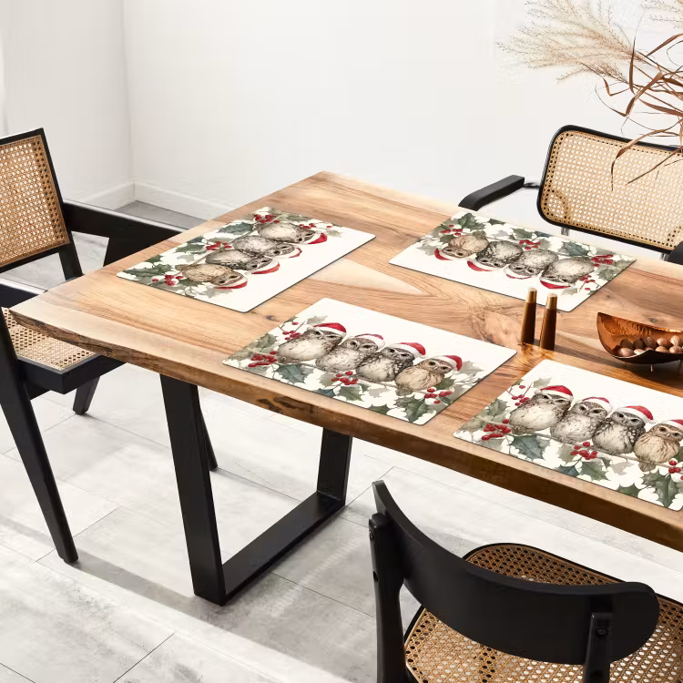 Placemat - 6 stuks - Uilen - Tak - Hulstblaadjes - Kerstmuts — 5