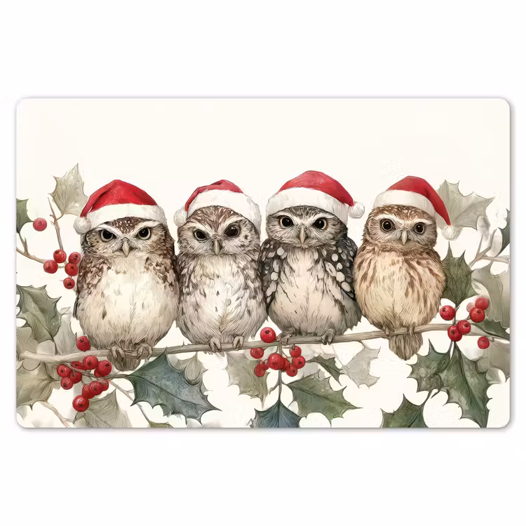 Placemat - 6 stuks - Uilen - Tak - Hulstblaadjes - Kerstmuts — 7