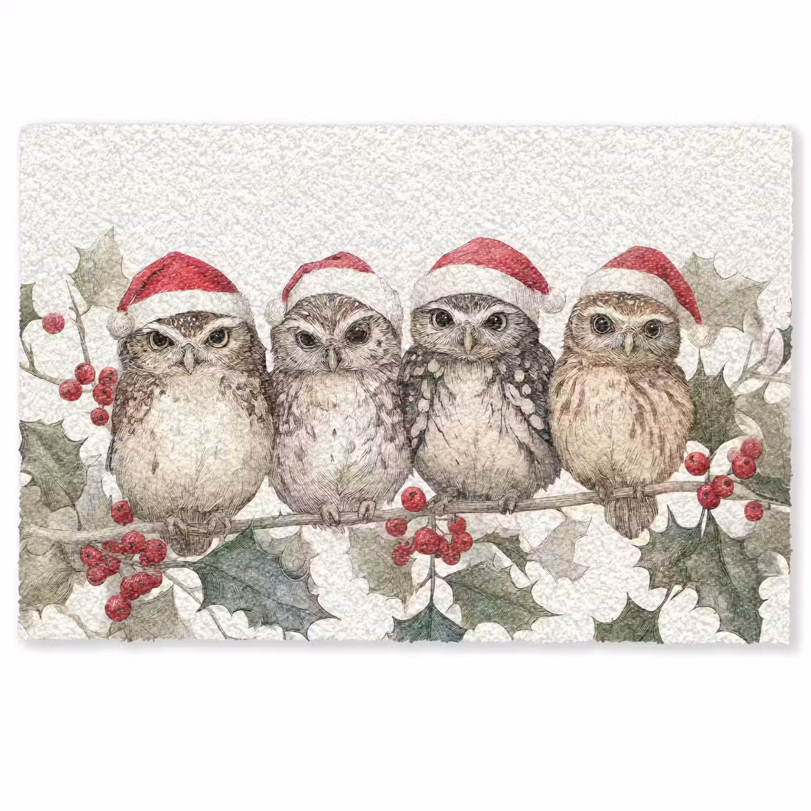 Deurmat - Uilen - Tak - Hulstblaadjes - Kerstmuts — 1