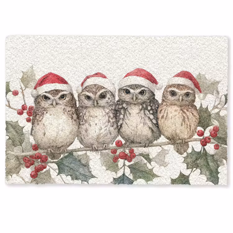 Deurmat - Uilen - Tak - Hulstblaadjes - Kerstmuts — 1