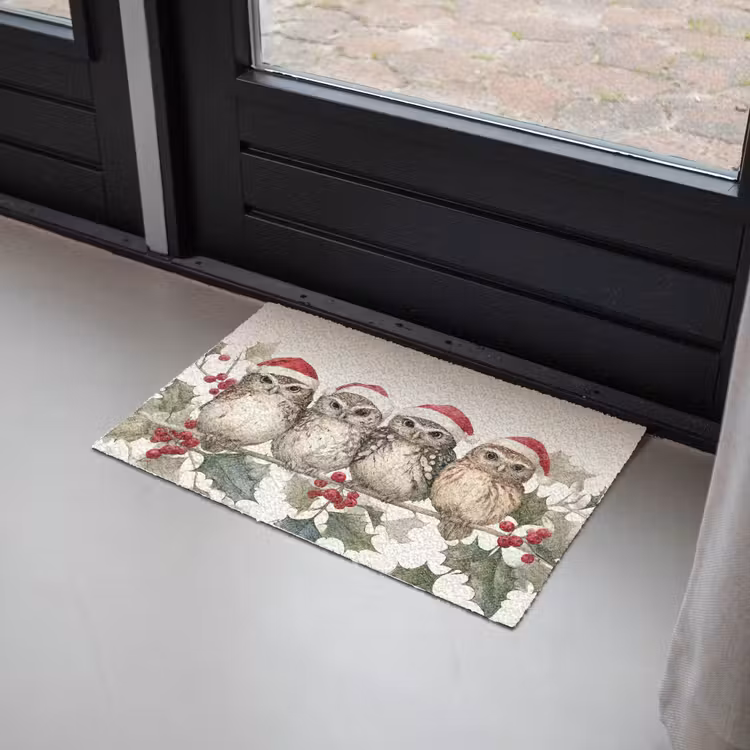 Deurmat - Uilen - Tak - Hulstblaadjes - Kerstmuts — 2