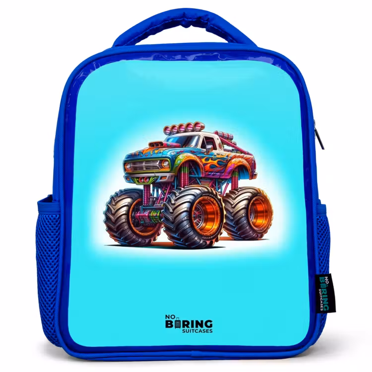 Kinderrugzak - Blauw - Monstertruck op Lichtblauwe Achtergrond — 1