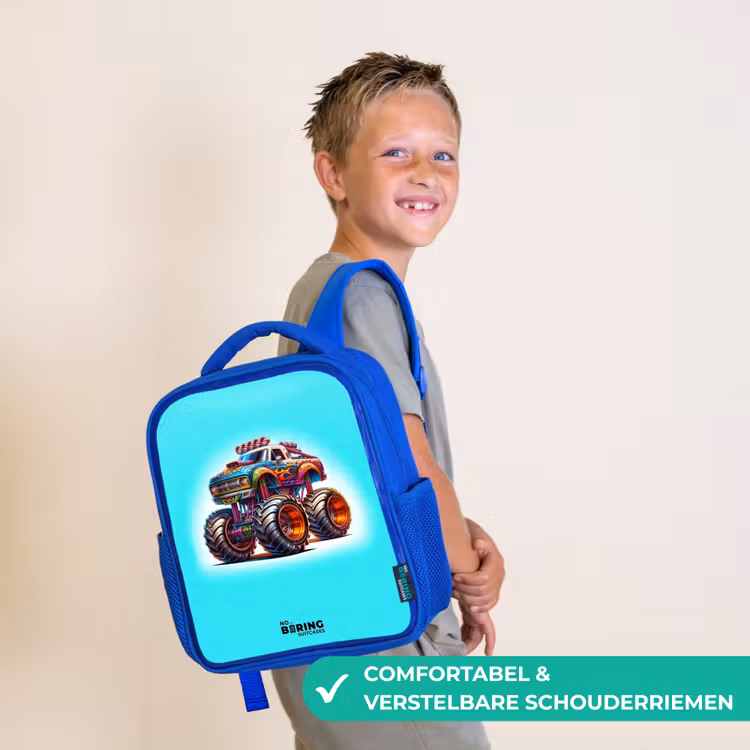 Kinderrugzak - Blauw - Monstertruck op Lichtblauwe Achtergrond — 4
