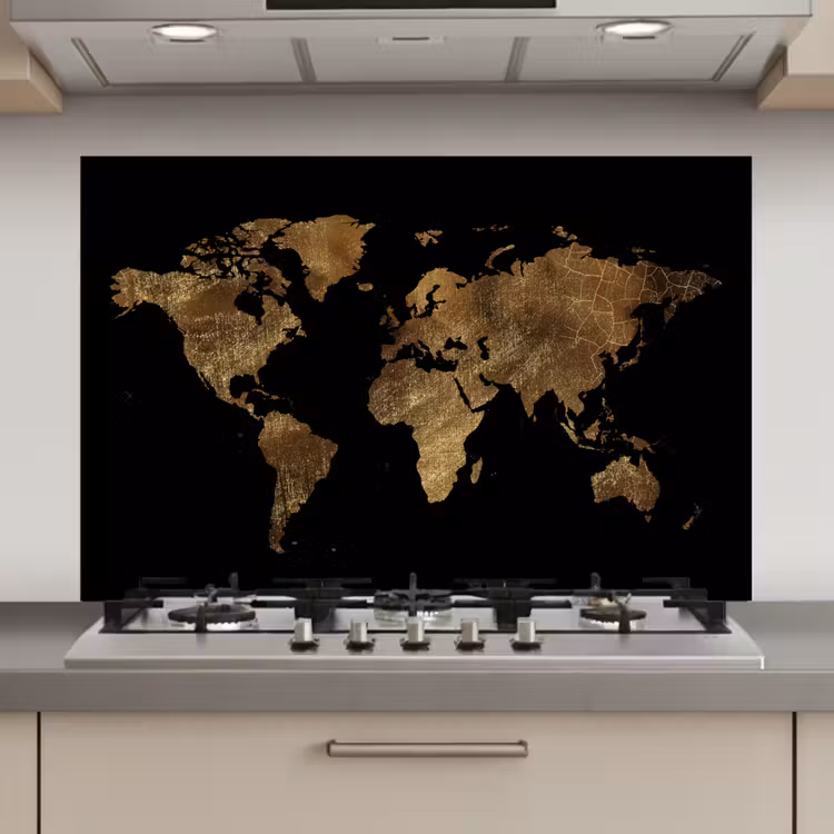 Spatscherm keuken - Wereldkaart - Goud - Luxe - Aarde - Zwart — 1