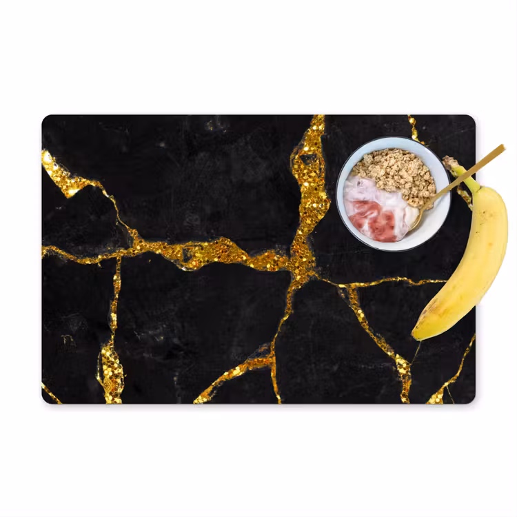 Placemat - 6 stuks - Marmer - Goud - Zwart - Marmerlook - Glitter — 1