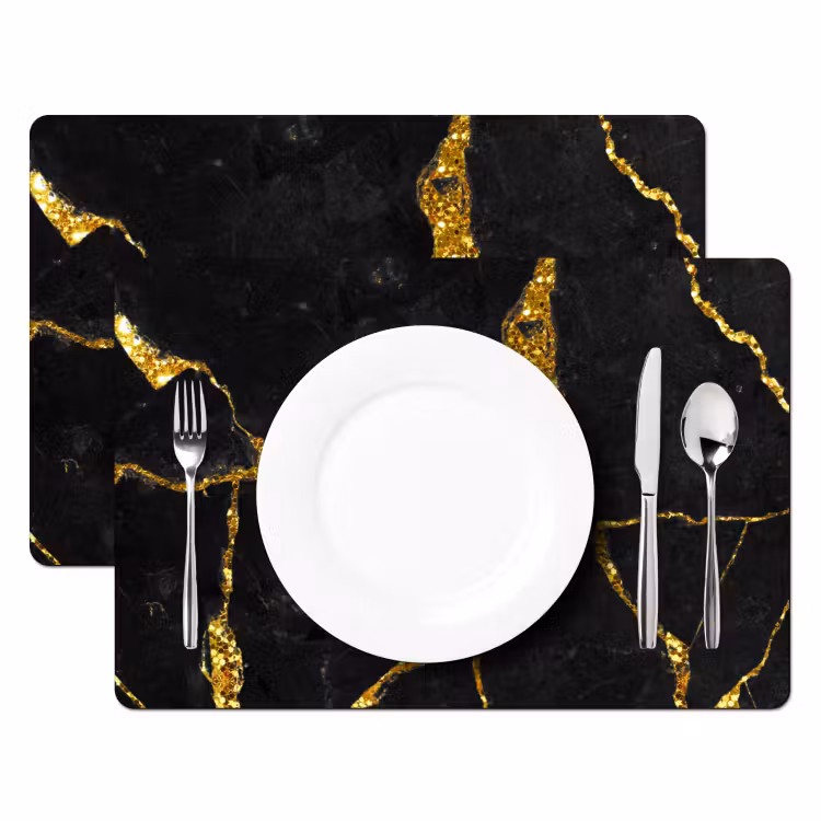 Placemat - 6 stuks - Marmer - Goud - Zwart - Marmerlook - Glitter — 2
