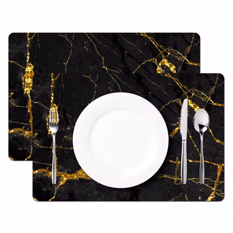 Placemat - 6 stuks - Marmer - Goud - Zwart - Marmerlook - Luxe - Glitter — 2
