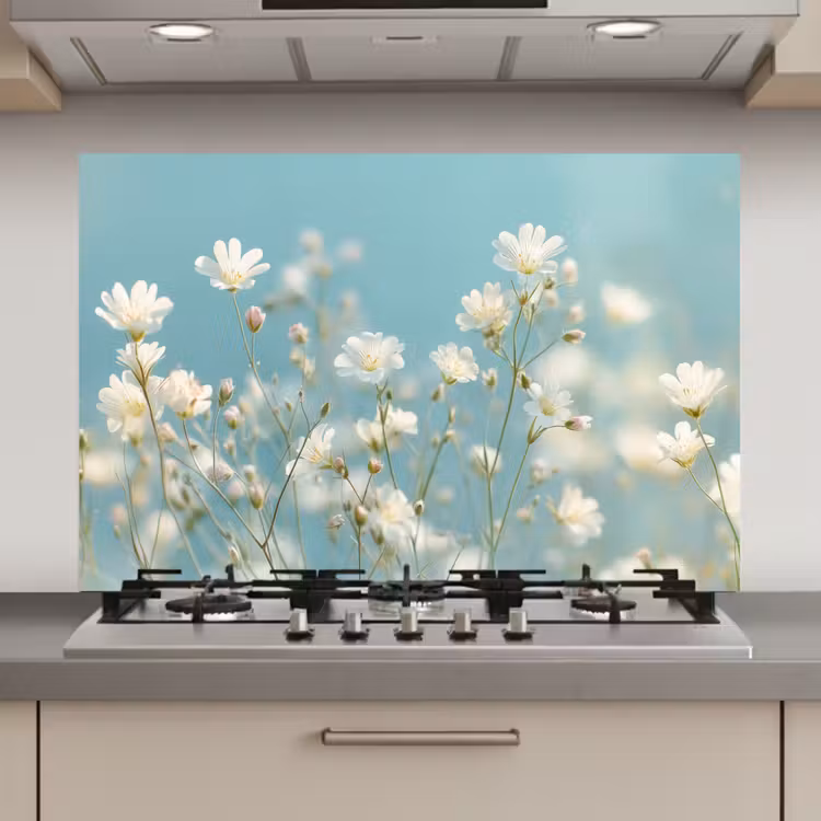 Spatscherm keuken - Stengels - Bloemen - Lucht - Wit — 1
