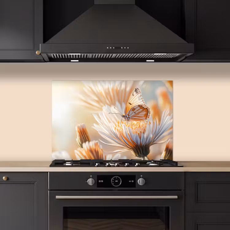 Spatscherm keuken - Vlinder - Bloem - Oranje — 2