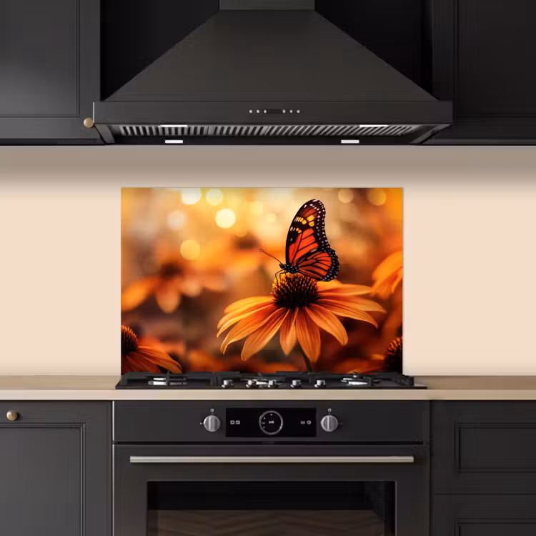 Spatscherm keuken - Vlinder - Bloemen - Oranje — 2