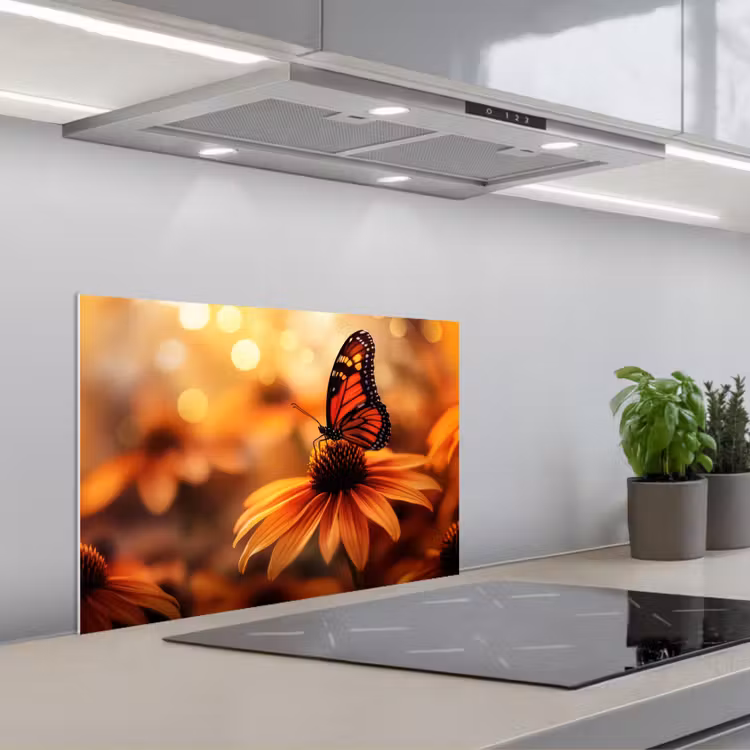 Spatscherm keuken - Vlinder - Bloemen - Oranje — 5