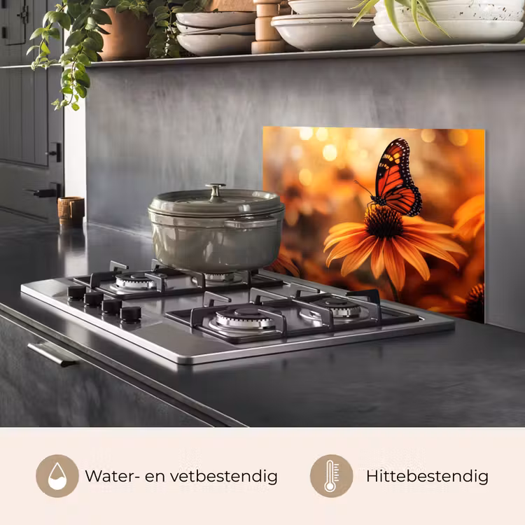 Spatscherm keuken - Vlinder - Bloemen - Oranje — 7