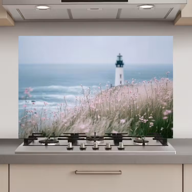 Spatscherm keuken - Vuurtoren - Klif - Zee - Bloemen — 1
