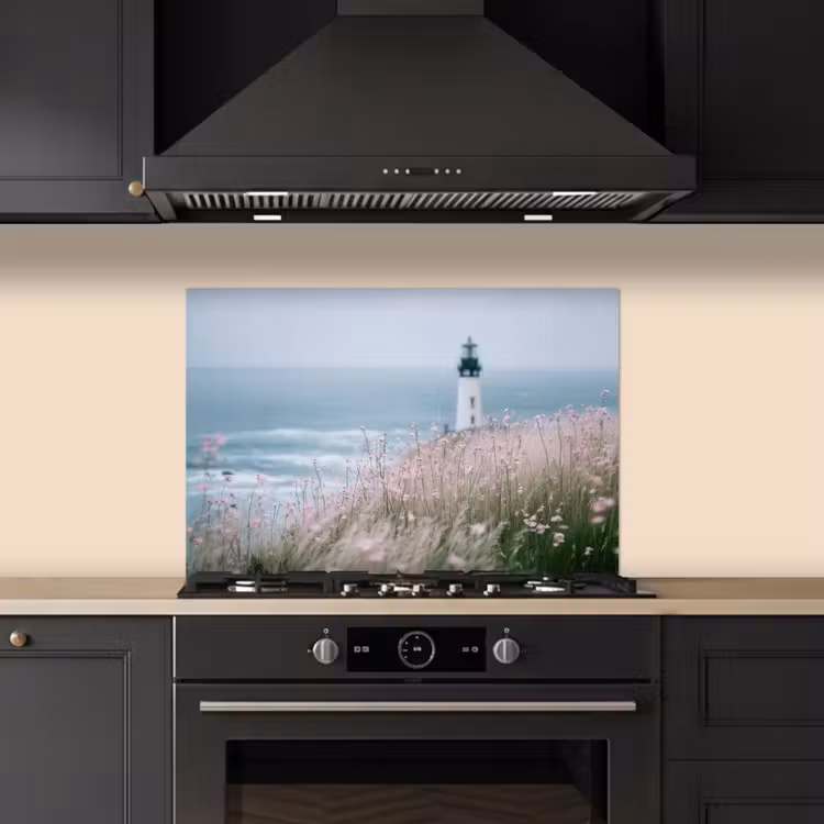 Spatscherm keuken - Vuurtoren - Klif - Zee - Bloemen — 2