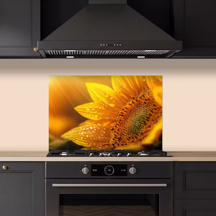 Spatscherm keuken - Zonnebloem - Dauwdruppels - Geel - Zonlicht — 2