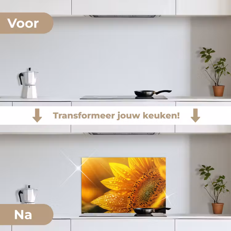 Spatscherm keuken - Zonnebloem - Dauwdruppels - Geel - Zonlicht — 3