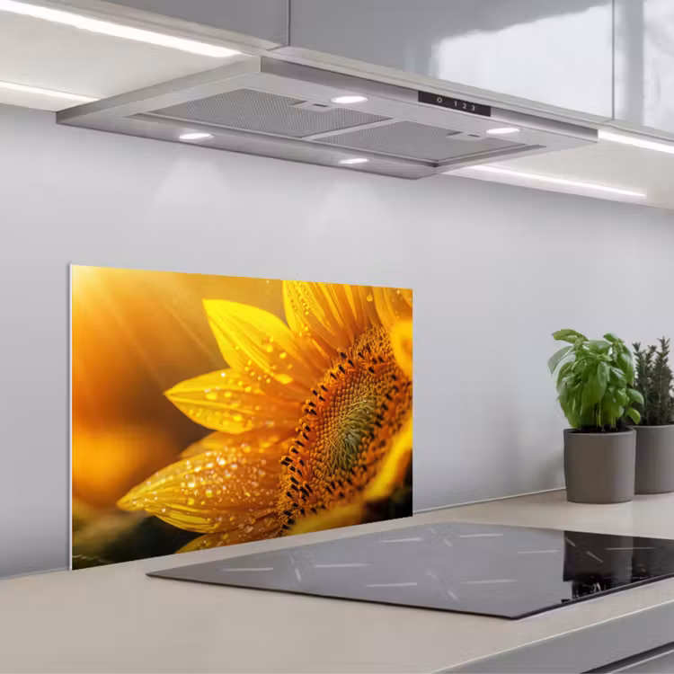 Spatscherm keuken - Zonnebloem - Dauwdruppels - Geel - Zonlicht — 5