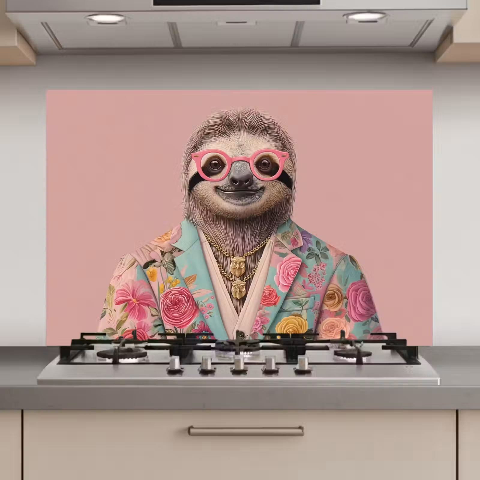 Spatscherm keuken - Luiaard - Bloemenprint - Bril - Roze — 1