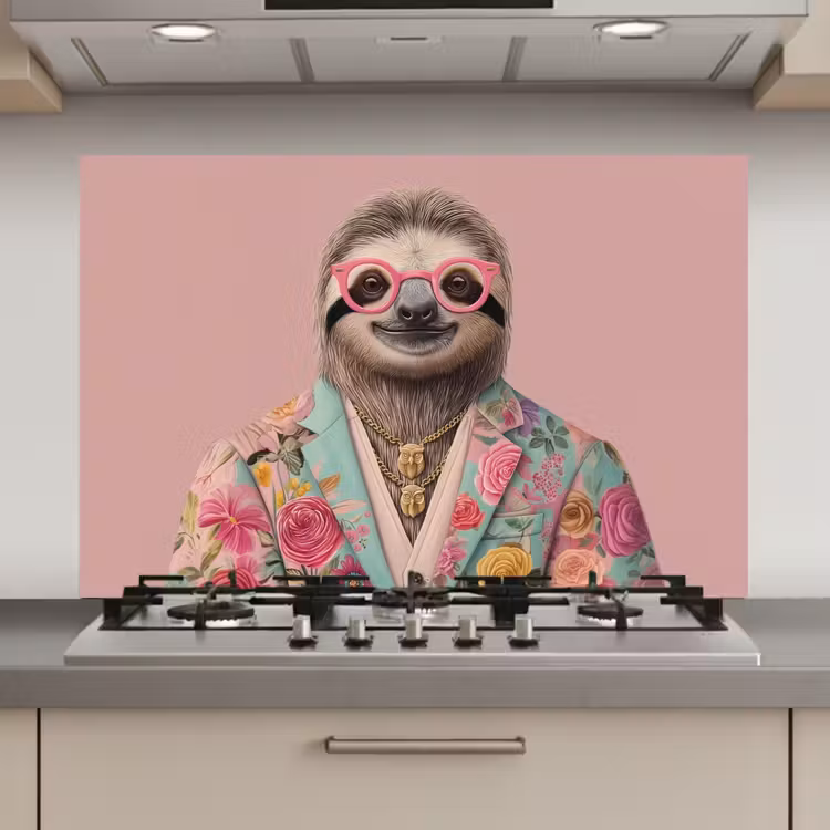 Spatscherm keuken - Luiaard - Bloemenprint - Bril - Roze — 1