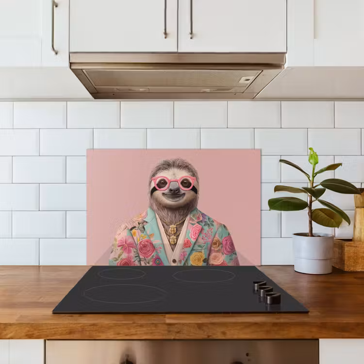 Spatscherm keuken - Luiaard - Bloemenprint - Bril - Roze — 6