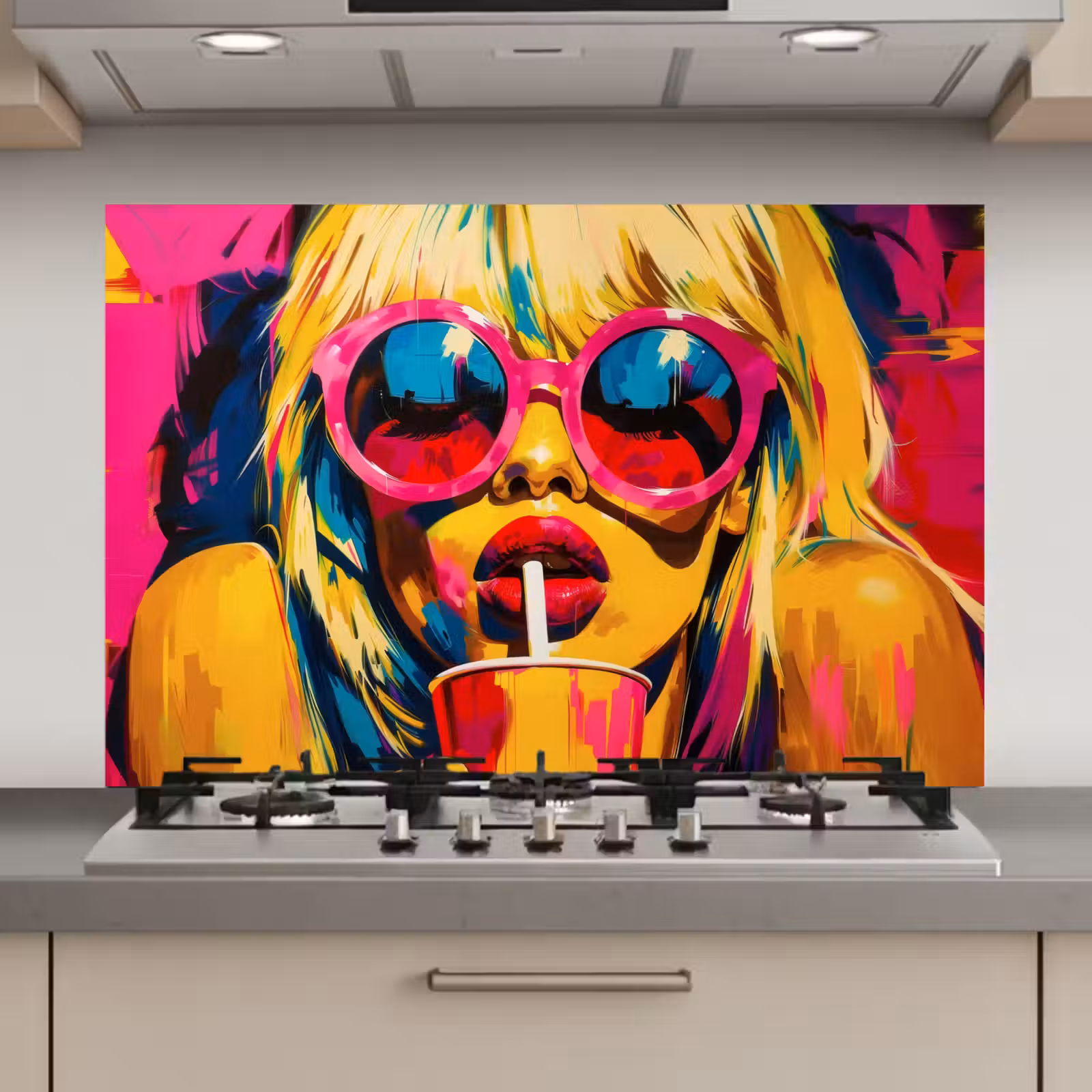 Spatscherm keuken - Zonnebril - Roze - Vrouw - Rietje — 1