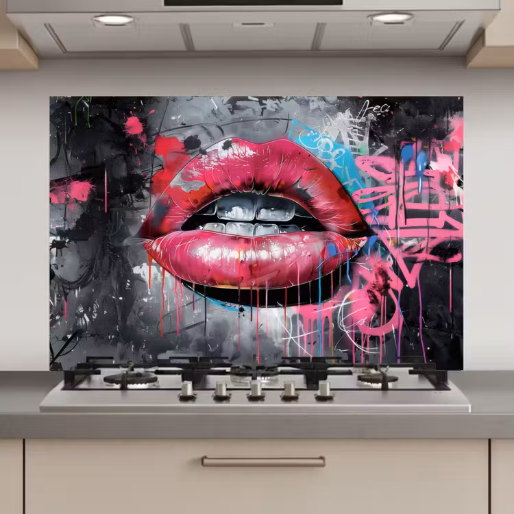Spatscherm keuken - Lippen - Felroze - Graffiti - Verfstrepen — 1