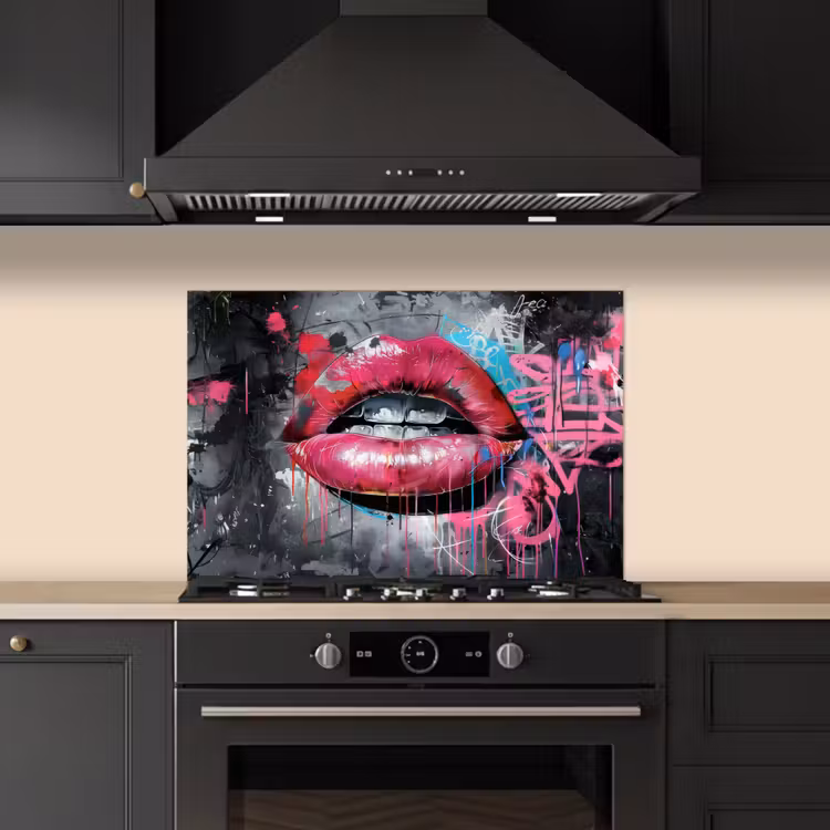 Spatscherm keuken - Lippen - Felroze - Graffiti - Verfstrepen — 2