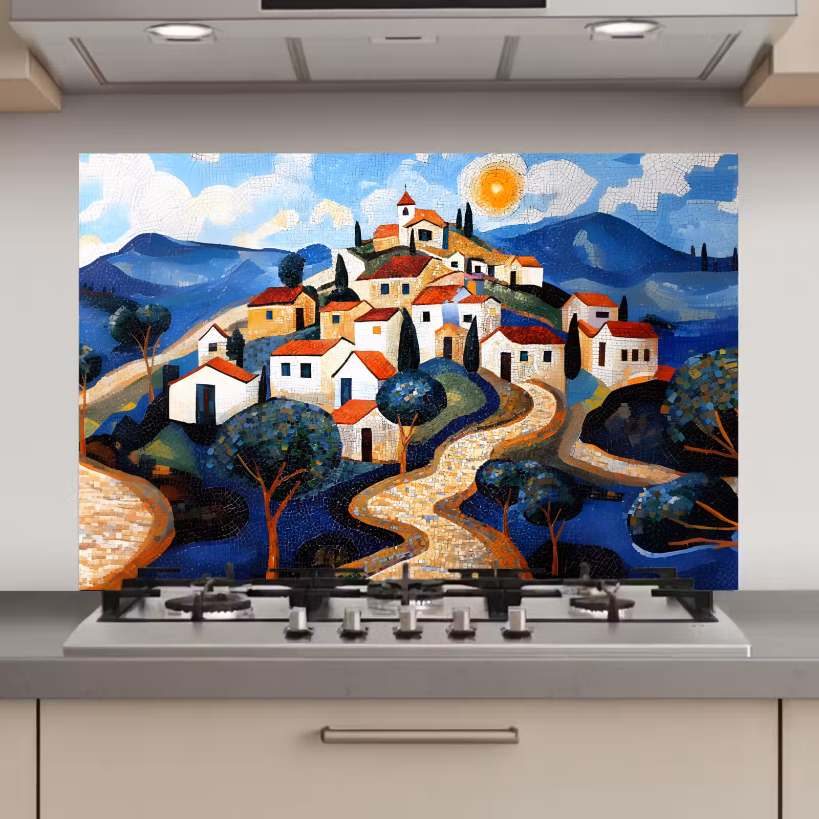 Spatscherm keuken - Dorp - Heuvelachtig - Zon - Mozaïek — 1