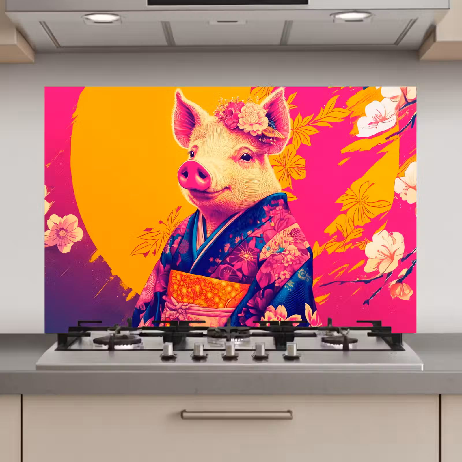 Spatscherm keuken - Varken - Bloemkroon - Kimono - Abstract — 1