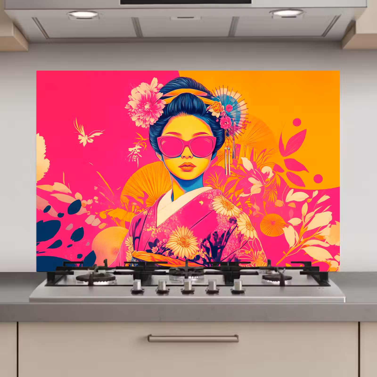 Spatscherm keuken - Vrouw - Zonnebril - Abstract - Oranje — 1