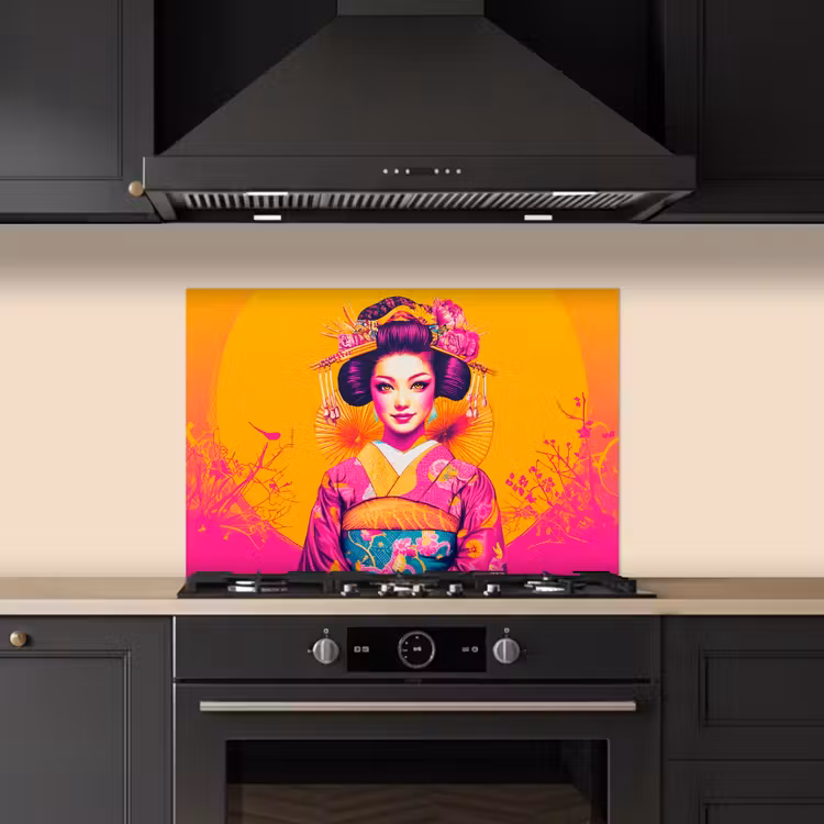 Spatscherm keuken - Bloemen - Vrouw - Kimono - Roze — 2