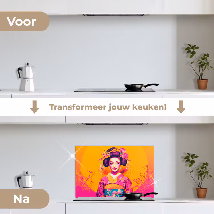 Spatscherm keuken - Bloemen - Vrouw - Kimono - Roze — 3