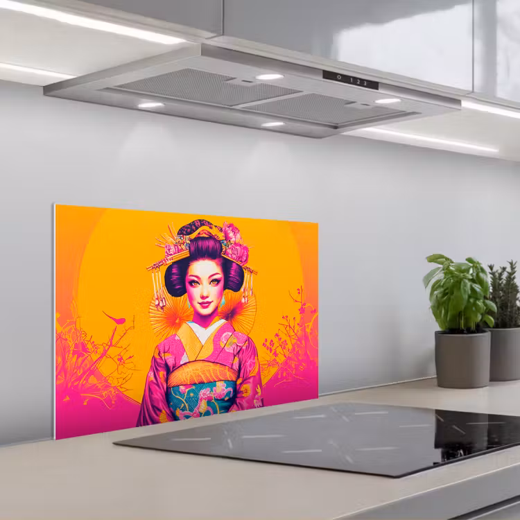 Spatscherm keuken - Bloemen - Vrouw - Kimono - Roze — 5
