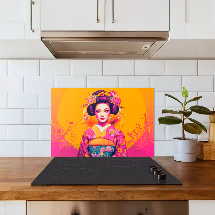 Spatscherm keuken - Bloemen - Vrouw - Kimono - Roze — 6