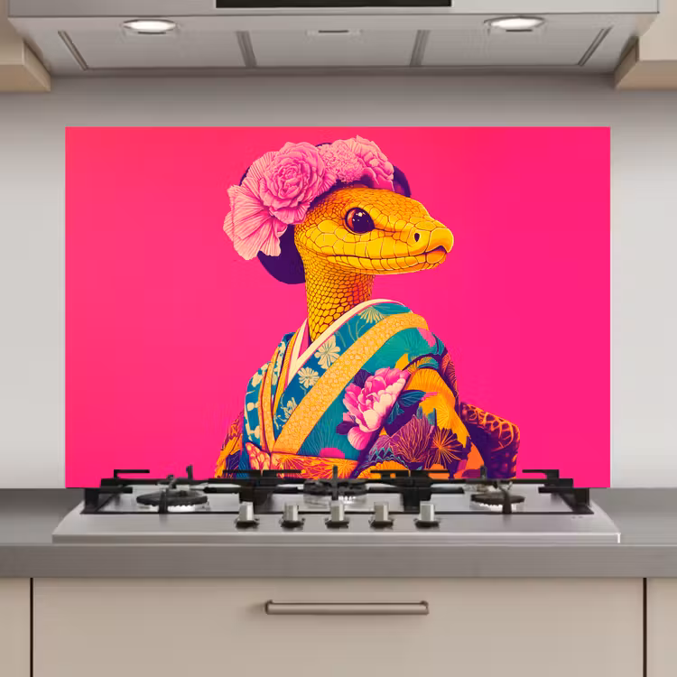 Spatscherm keuken - Hagedis - Bloemen - Roze - Kimono — 1