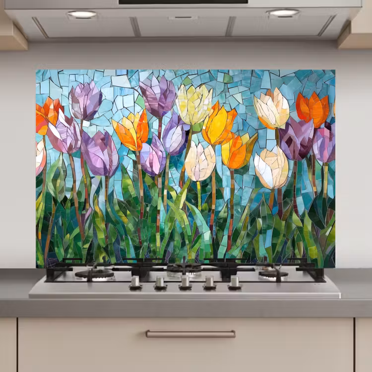 Spatscherm keuken - Mozaïek - Veld - Tulpen - Kleurrijk — 1