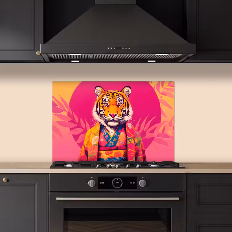 Spatscherm keuken - Tijger - Kimono - Planten - Roze — 2