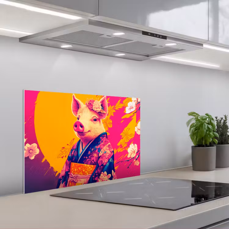 Spatscherm keuken - Varken - Bloemkroon - Kimono - Abstract — 5