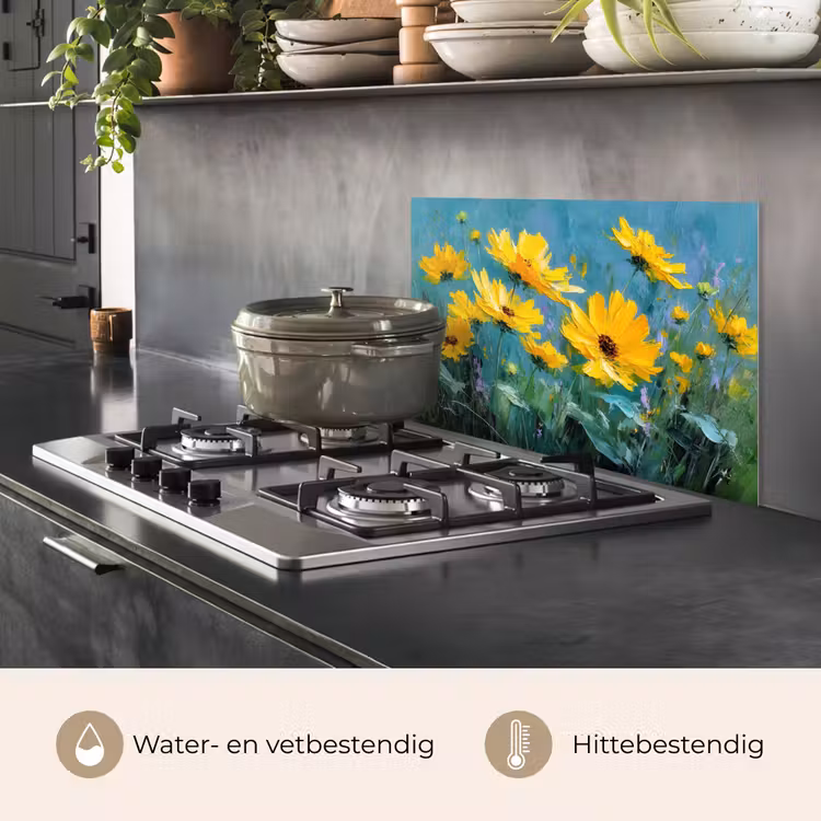 Spatscherm keuken - Penseelstreken - Bloemen - Felgeel - Abstract — 7