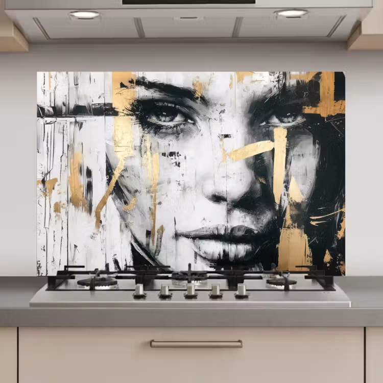 Spatscherm keuken - Portret - Vrouw - Penseelstreken - Goud — 1