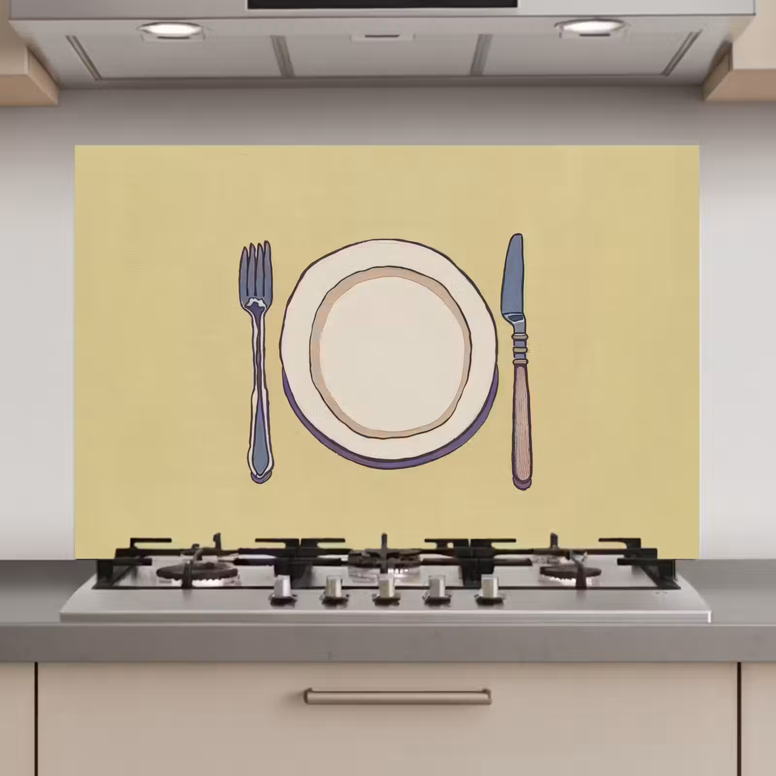 Spatscherm keuken - Illustratie - Bord - Bestek - Beige — 1