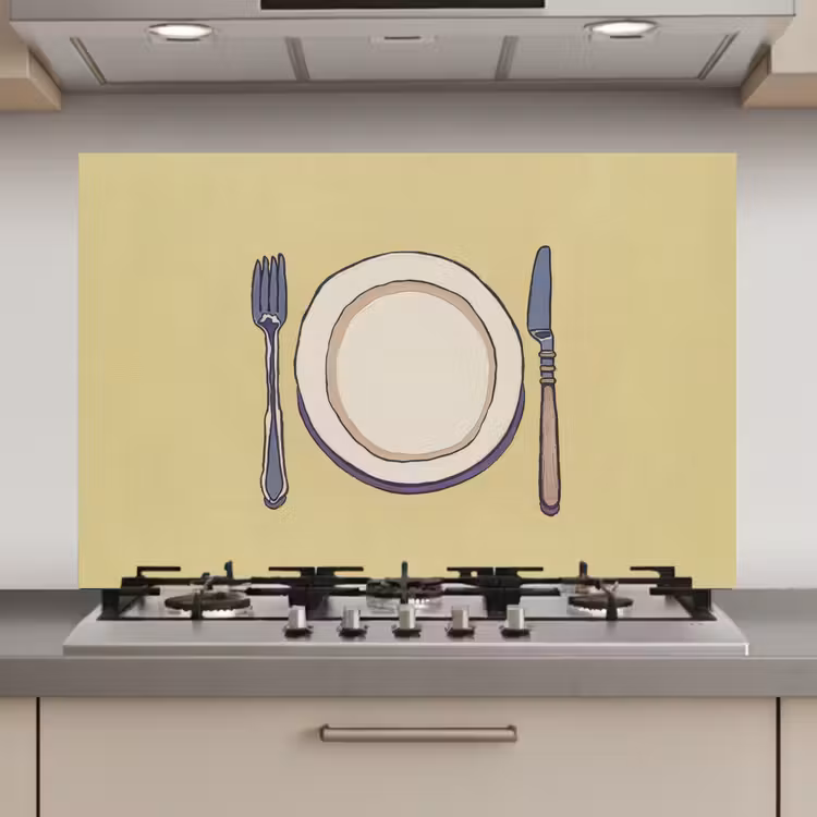 Spatscherm keuken - Illustratie - Bord - Bestek - Beige — 1