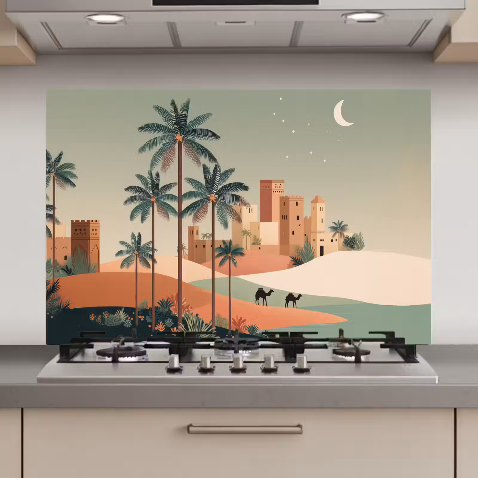 Spatscherm keuken - Nachtlandschap - Kamelen - Sterren - zandduinden — 1