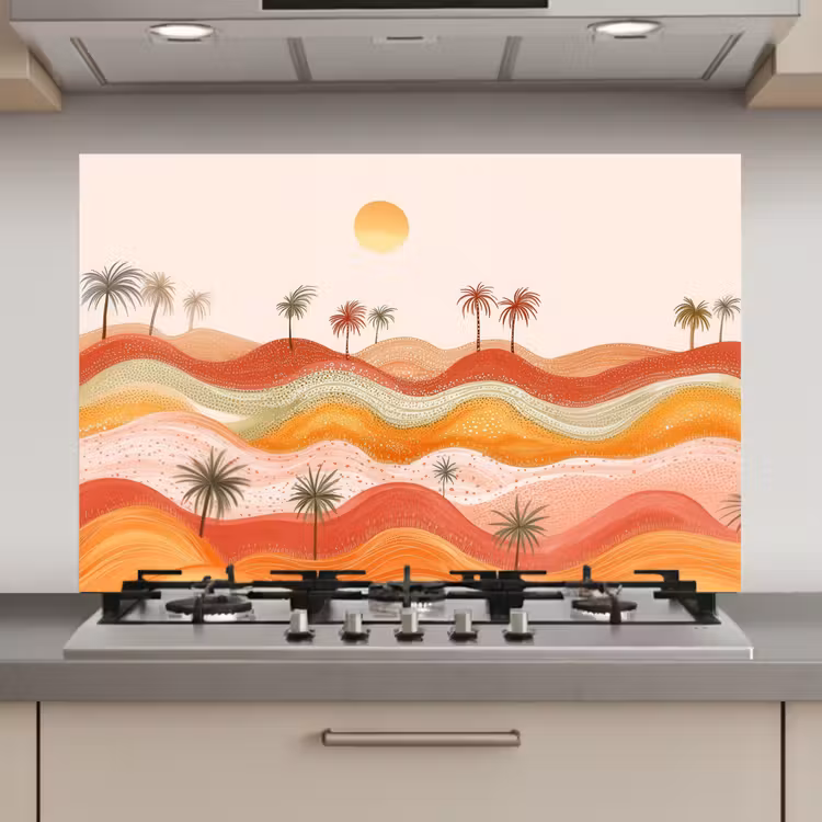 Spatscherm keuken - Abstract landschap - Palmbomen - Kleurrijk — 1